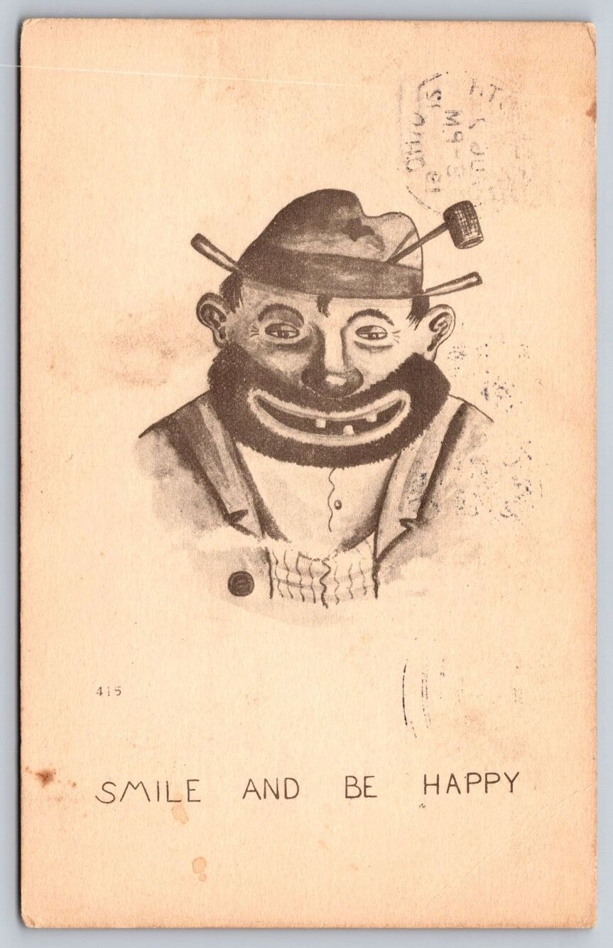 Vtg 1912 Comic Postcard Smile and Be Happy Tramp Hobo Illustration Portsmouth